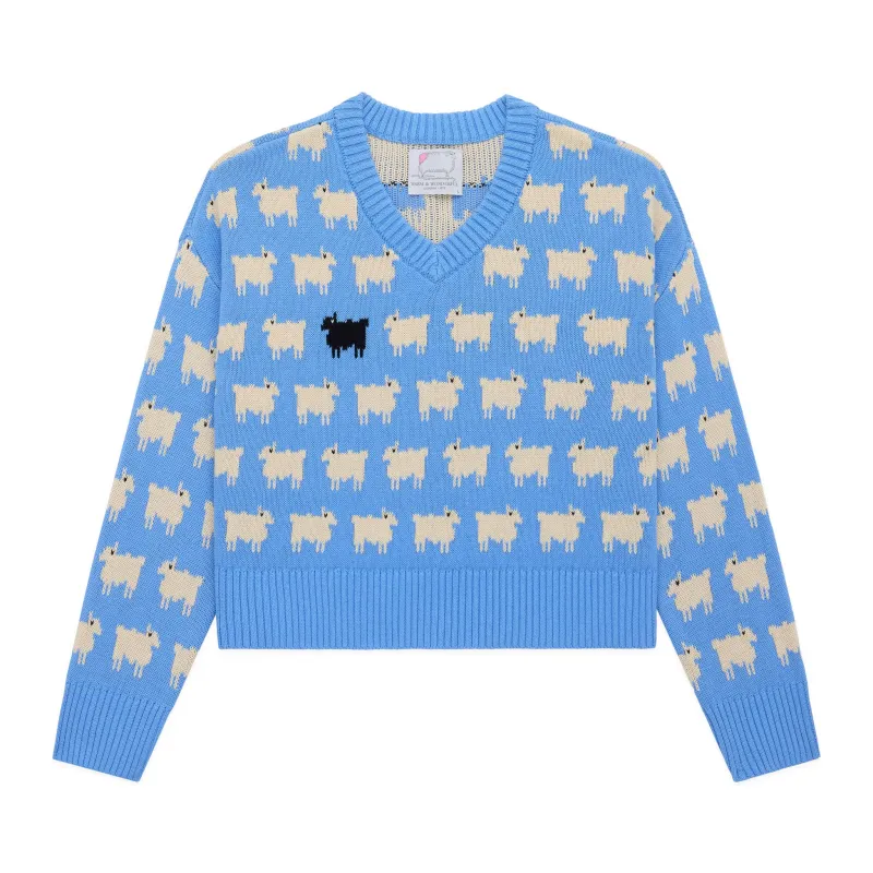 Warm & Wonderful Women's "Diana Edition" Cotton Linen V-Neck Sheep Sweater Blue made by Rowing Blazers