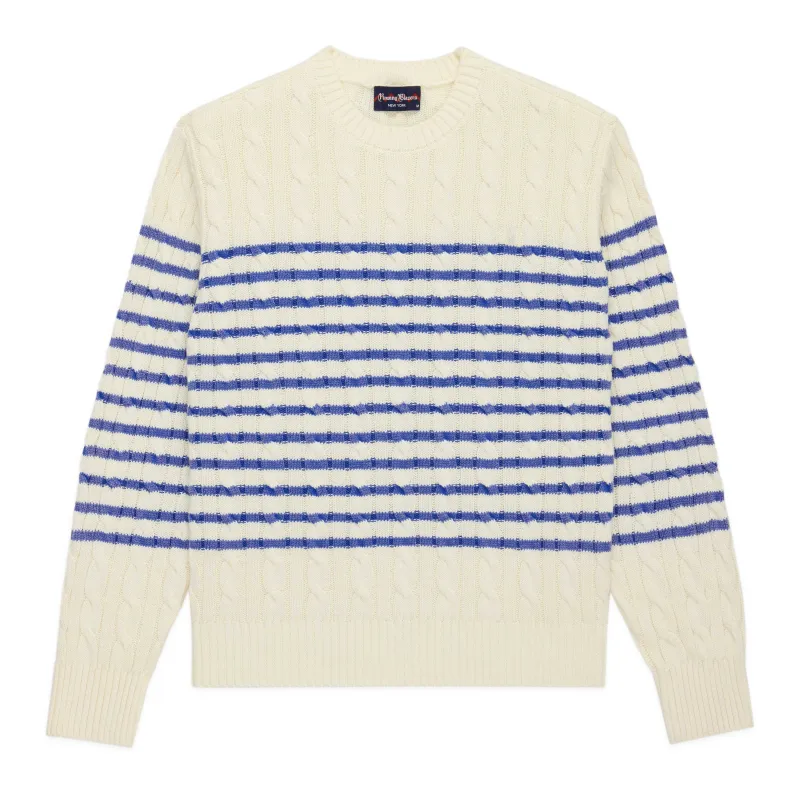 Men's Striped Cableknit Sweater Ivory Blue Stripe sold by Rowing Blazers