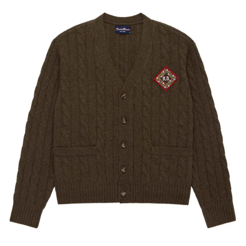 Men's Cashmere Cableknit Cardigan Brown Heather sold by Rowing Blazers