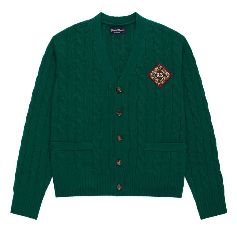 Men's Cashmere Cableknit Cardigan Evergreen sold by Rowing Blazers