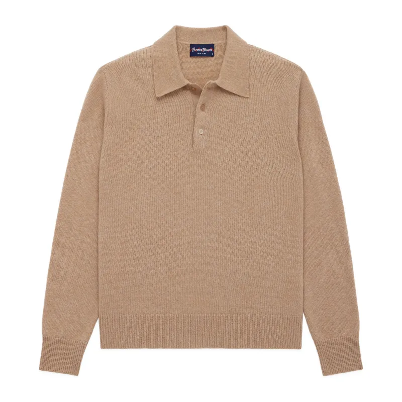 Men's Cashmere Long Sleeve Sweater Polo Oat Melange sold by Rowing Blazers