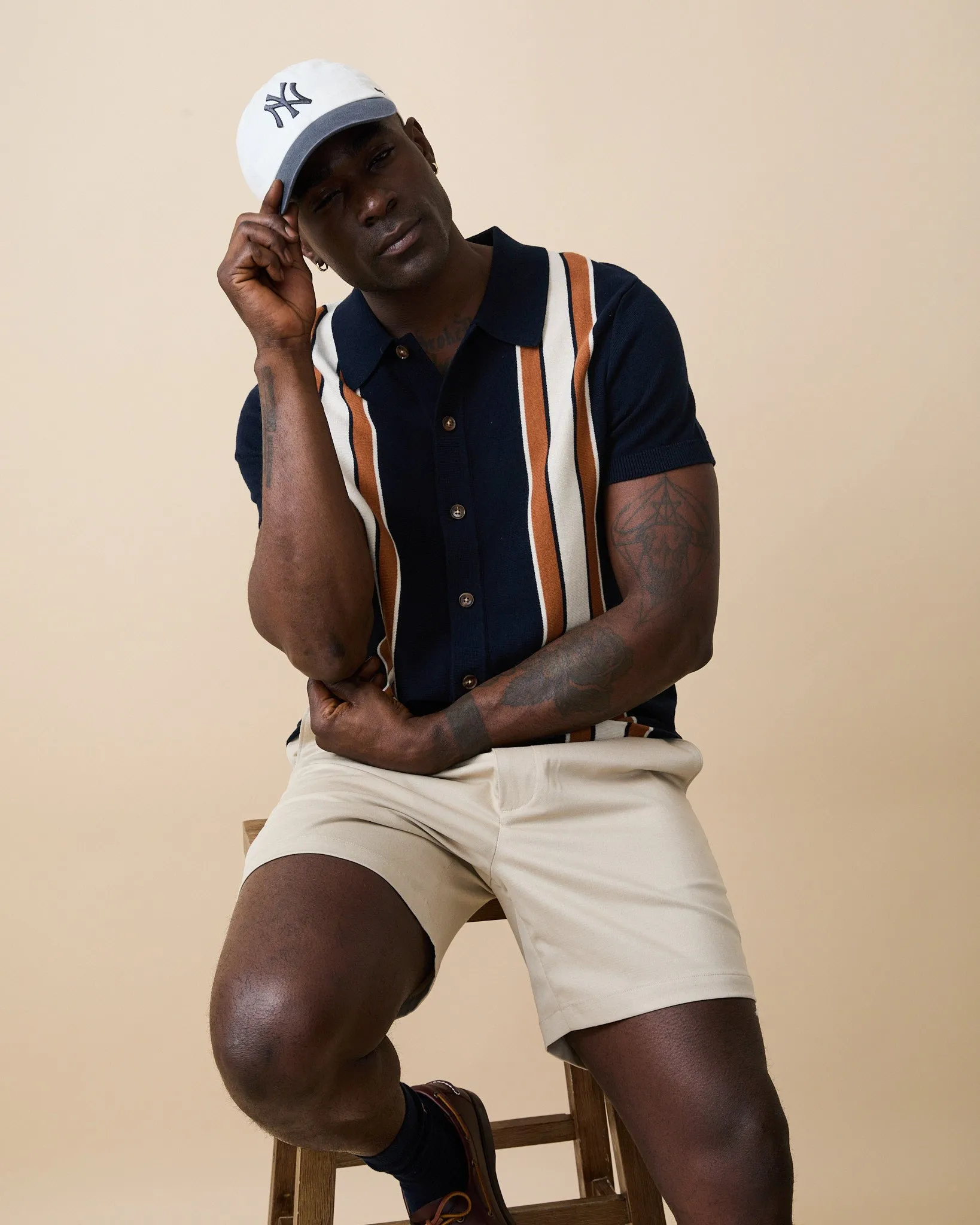 Men's Short Sleeve Button Through Wide Stripe Polo Sweater Navy sold by Rowing Blazers product image thumbnail 2