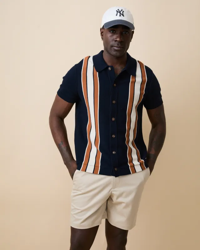 Men's Short Sleeve Button Through Wide Stripe Polo Sweater Navy made by Rowing Blazers