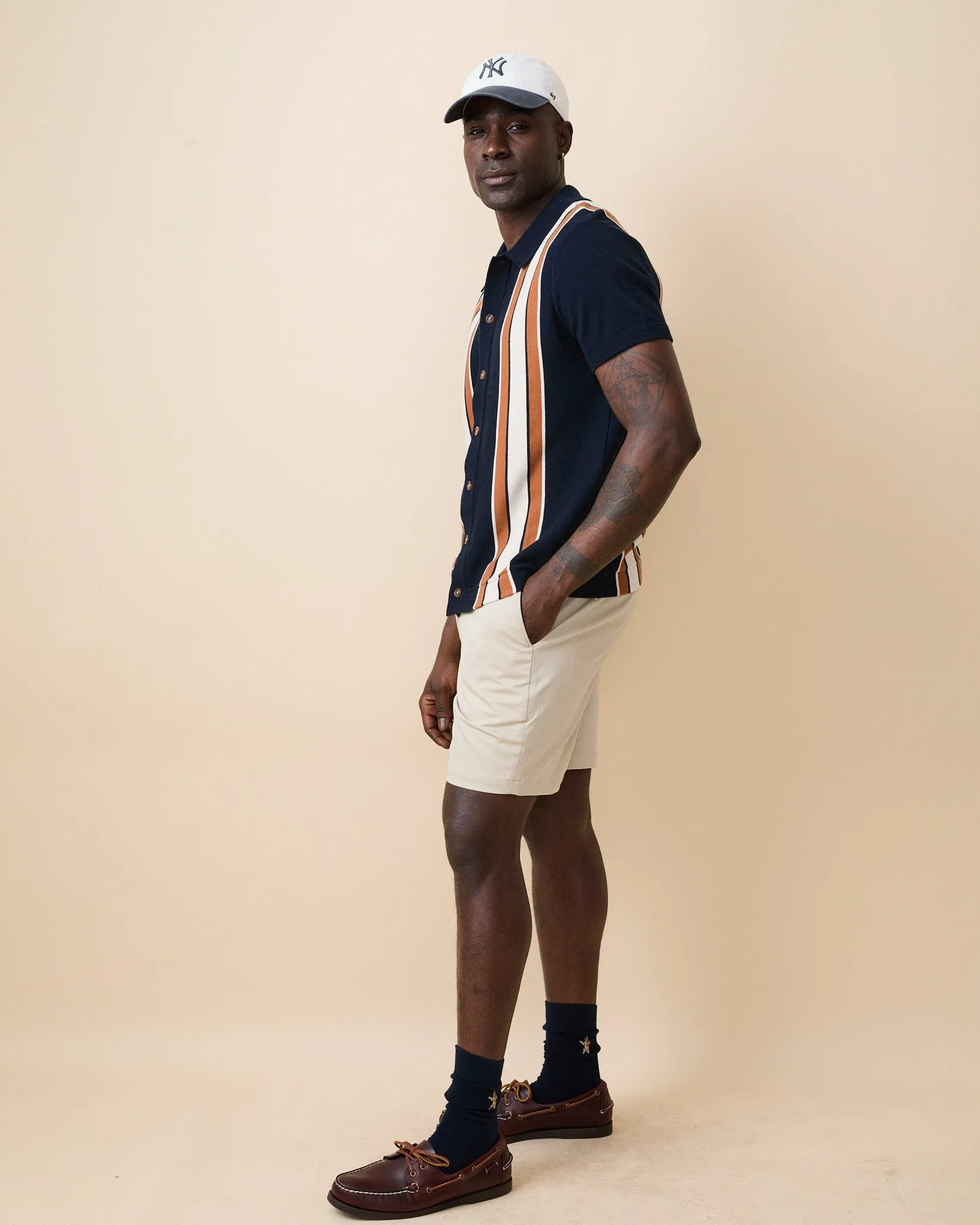 Men's Short Sleeve Button Through Wide Stripe Polo Sweater Navy sold by Rowing Blazers product image thumbnail 4