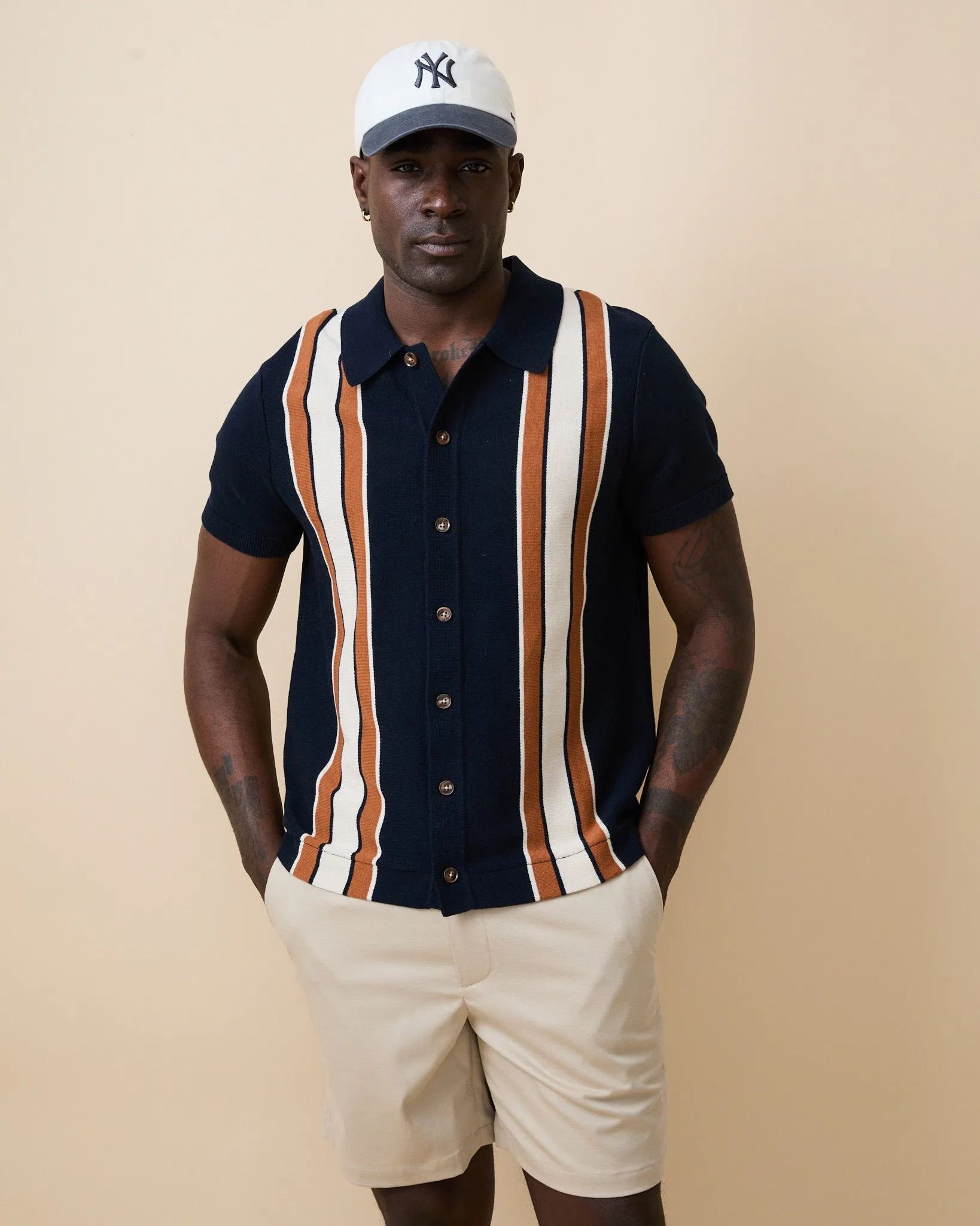 Men's Short Sleeve Button Through Wide Stripe Polo Sweater Navy sold by Rowing Blazers product image thumbnail 5
