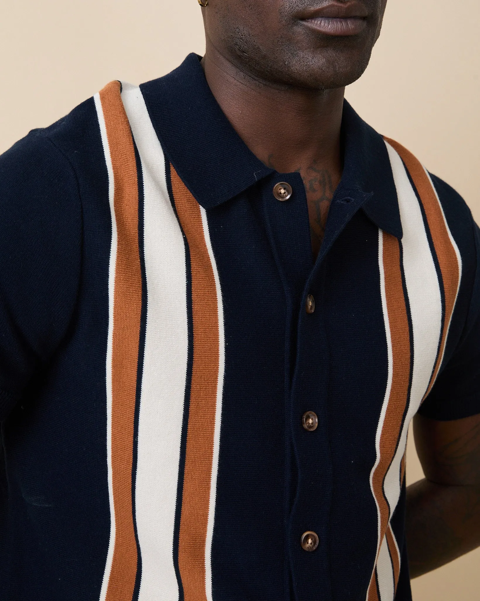 Men's Short Sleeve Button Through Wide Stripe Polo Sweater Navy sold by Rowing Blazers product image thumbnail 3