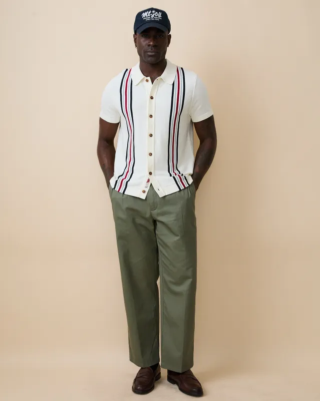 Men's Short Sleeve Button Through Thin Stripe Polo Sweater Cream made by Rowing Blazers