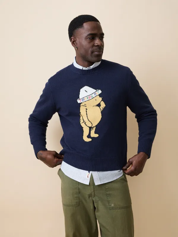Men's Cotton Linen Thinking Hat Pooh Sweater Navy made by Rowing Blazers
