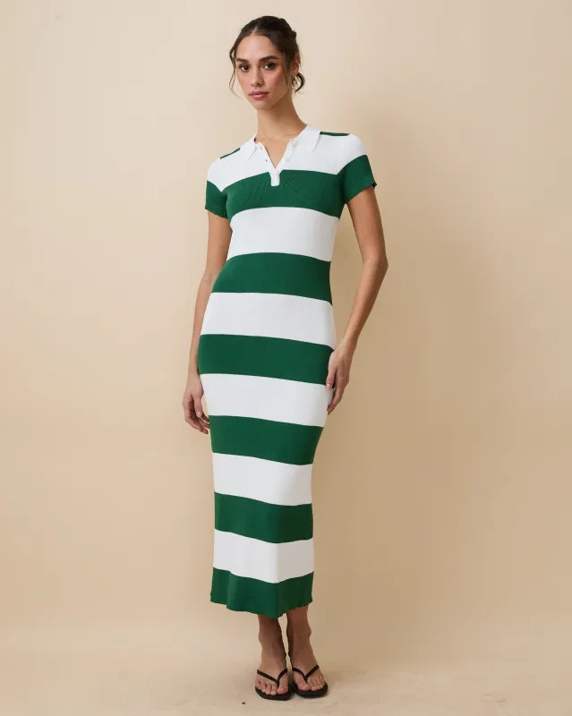 Women's Striped Polo Maxi Dress Green White Rugby Stripes sold by Rowing Blazers