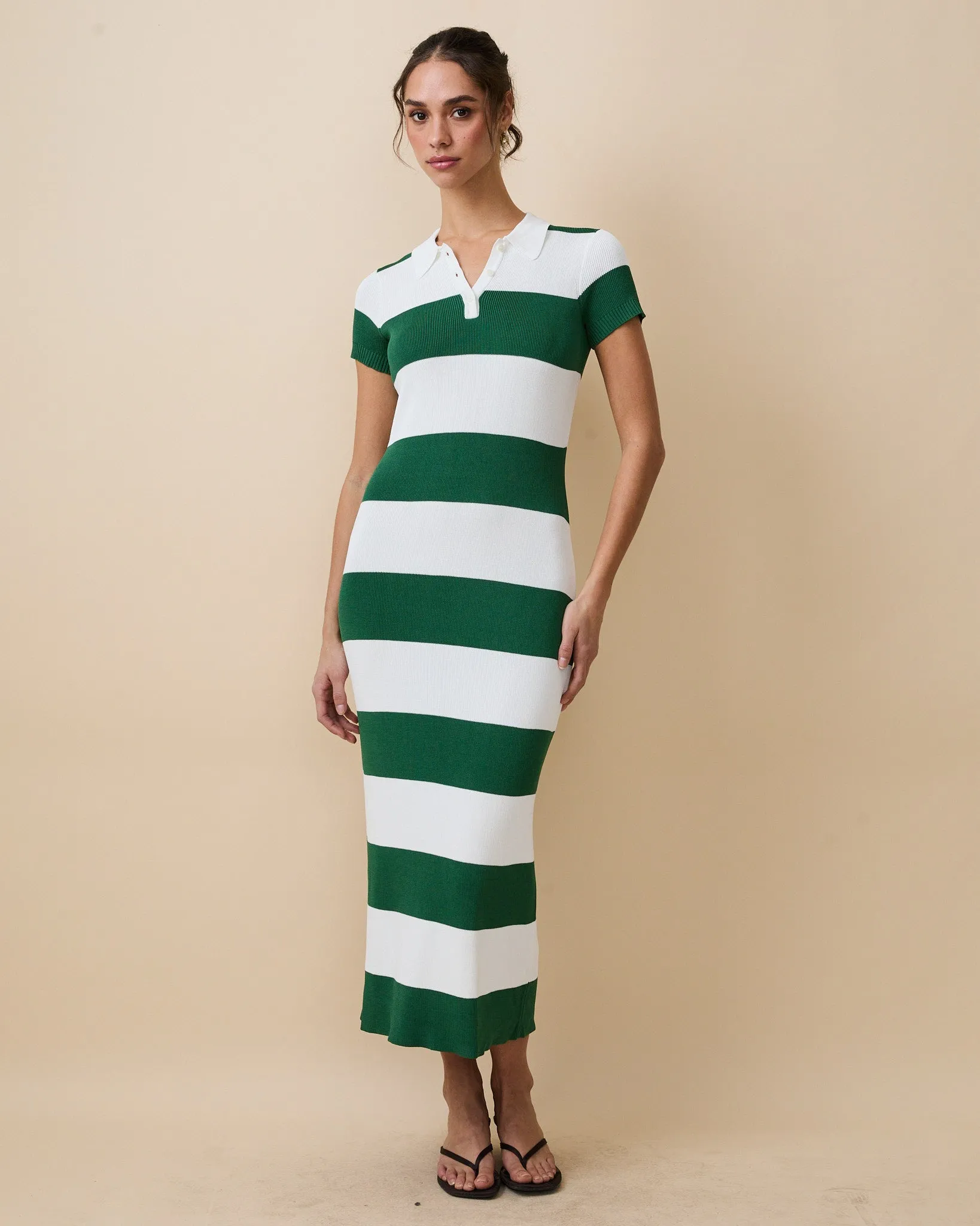 Women's Striped Polo Maxi Dress Green White Rugby Stripes sold by Rowing Blazers