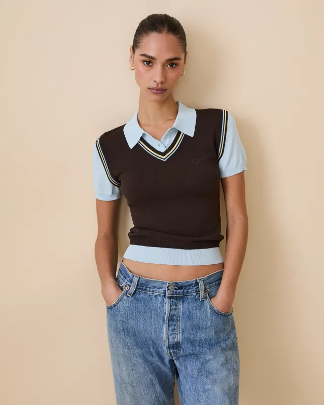 Women's Contrast Knit Layered Polo Brown made by Rowing Blazers