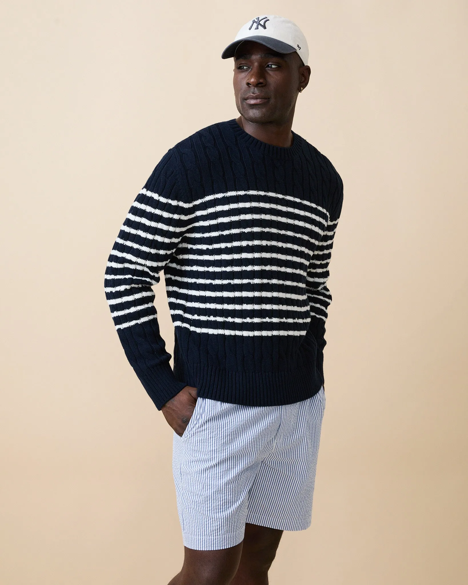 Men's Mariner Stripe Cable Knit Sweater Navy/White Stripe sold by Rowing Blazers