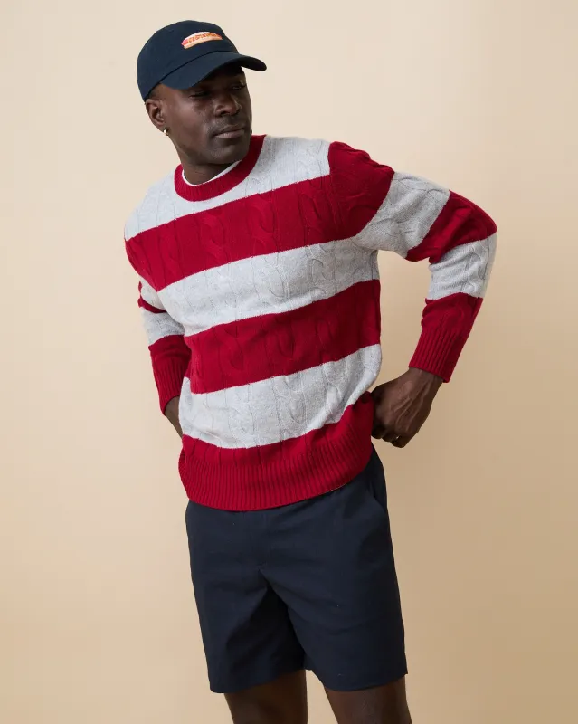 Men's Cashmere Rugby Stripe Cable Knit Sweater Red/Grey Heather Stripe sold by Rowing Blazers