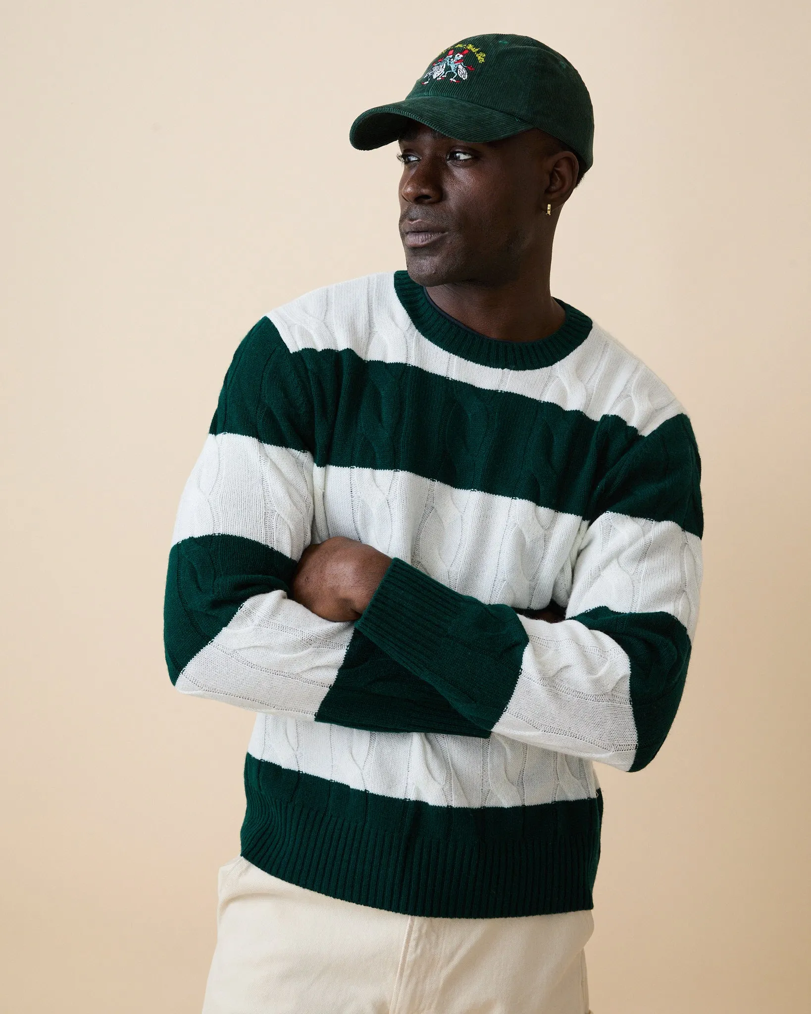 Men's Cashmere Rugby Stripe Cable Knit Sweater Green/Cream Stripe sold by Rowing Blazers product image thumbnail 4