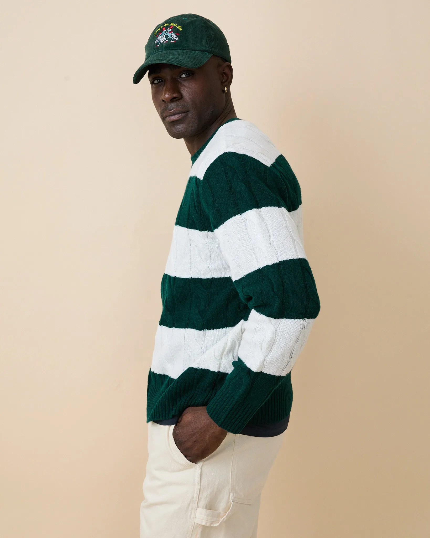 Men's Cashmere Rugby Stripe Cable Knit Sweater Green/Cream Stripe sold by Rowing Blazers product image thumbnail 3