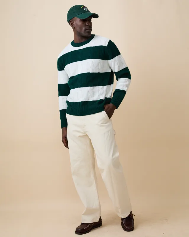 Men's Cashmere Rugby Stripe Cable Knit Sweater Green/Cream Stripe sold by Rowing Blazers