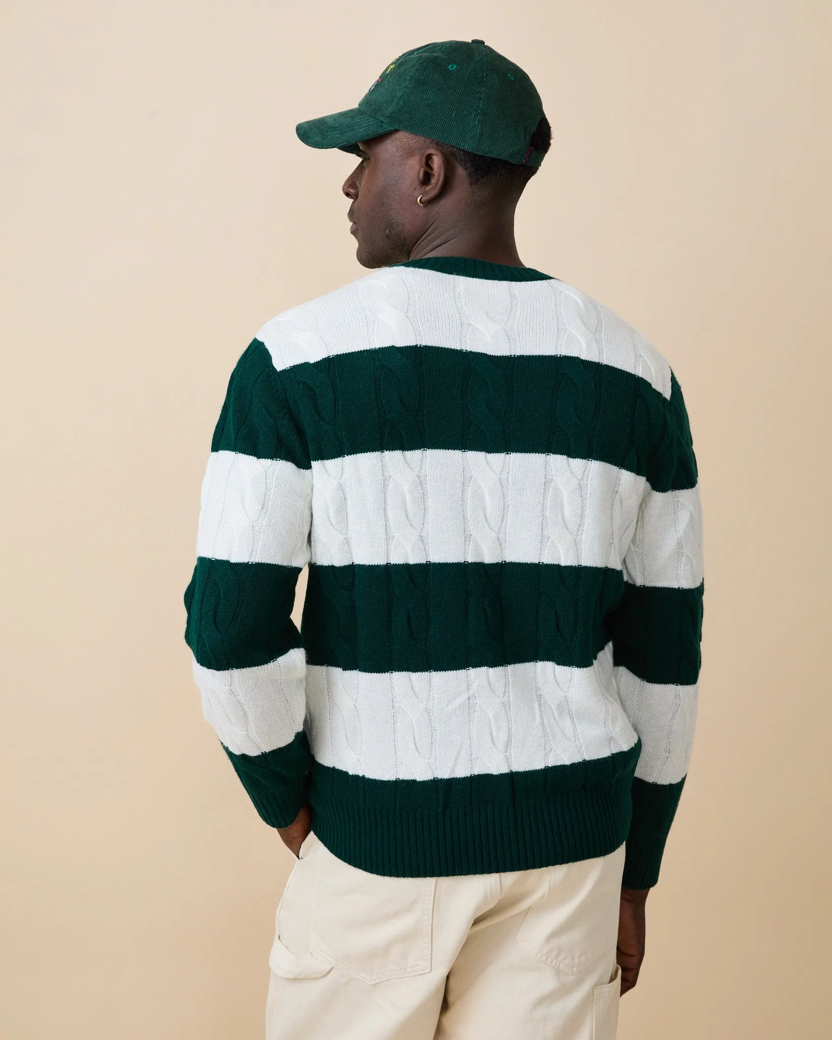 Men's Cashmere Rugby Stripe Cable Knit Sweater Green/Cream Stripe sold by Rowing Blazers product image thumbnail 5
