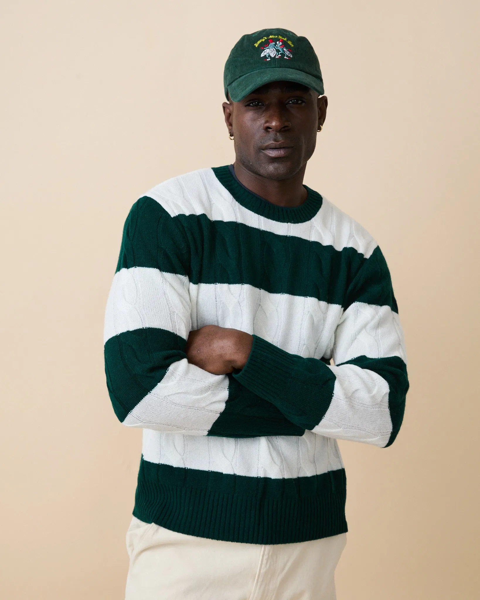Men's Cashmere Rugby Stripe Cable Knit Sweater Green/Cream Stripe sold by Rowing Blazers product image thumbnail 2