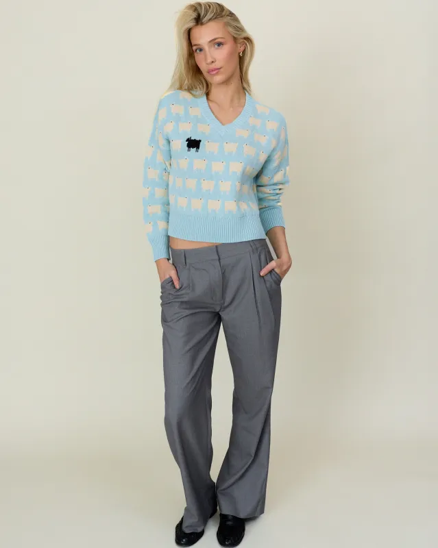 Warm & Wonderful Cotton Linen V-Neck Sheep Sweater Blue made by Rowing Blazers