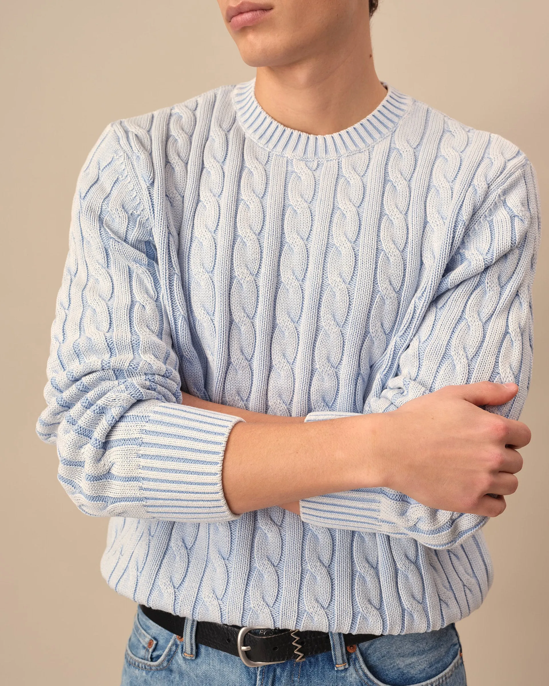 Acid Washed Cotton Cable Knit Sweater Light Blue sold by Rowing Blazers