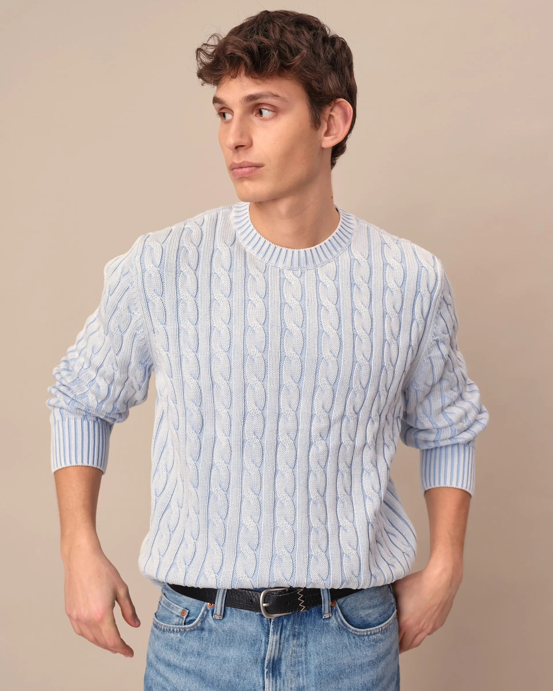 Acid Washed Cotton Cable Knit Sweater Light Blue sold by Rowing Blazers product image thumbnail 3