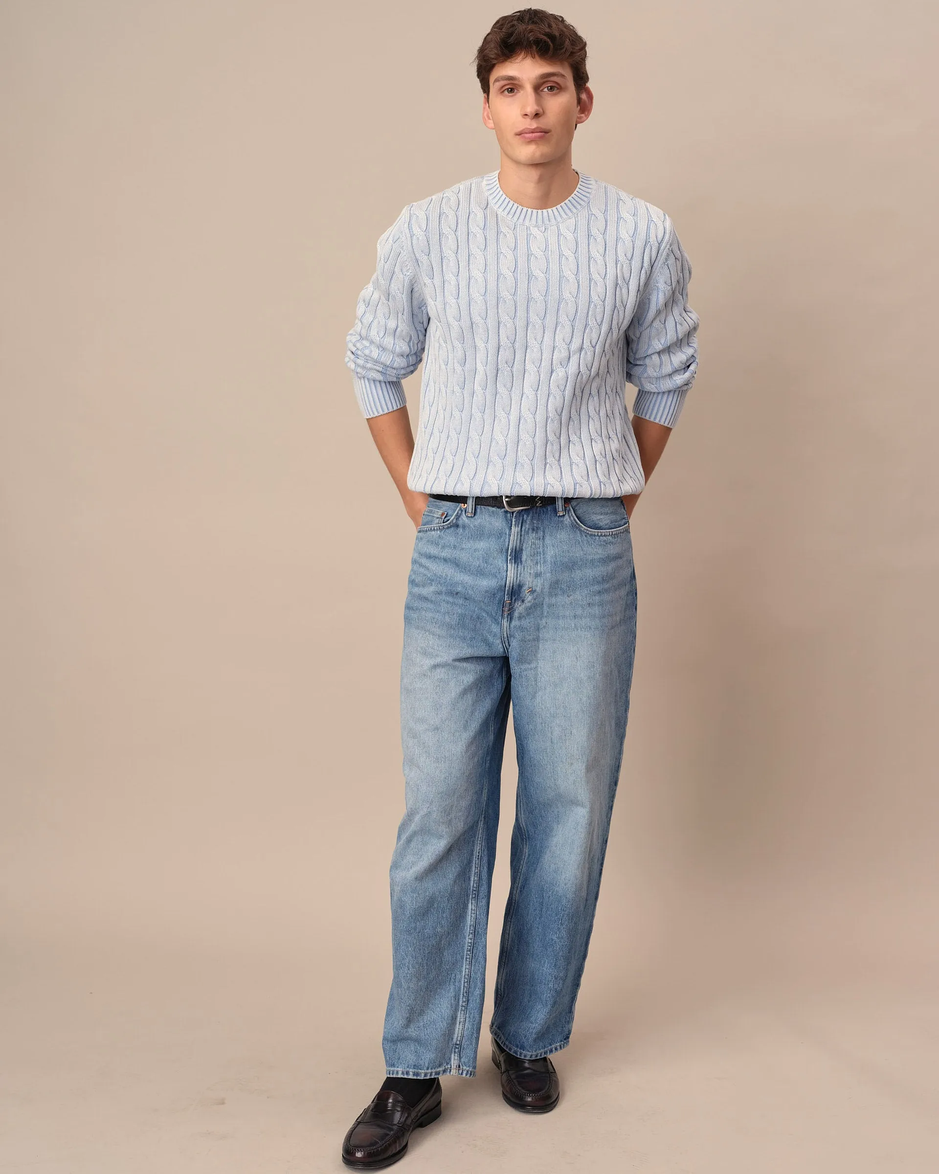 Acid Washed Cotton Cable Knit Sweater Light Blue sold by Rowing Blazers product image thumbnail 2
