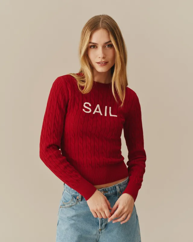 Cotton Crew Cable Knit Sweater Red made by Rowing Blazers