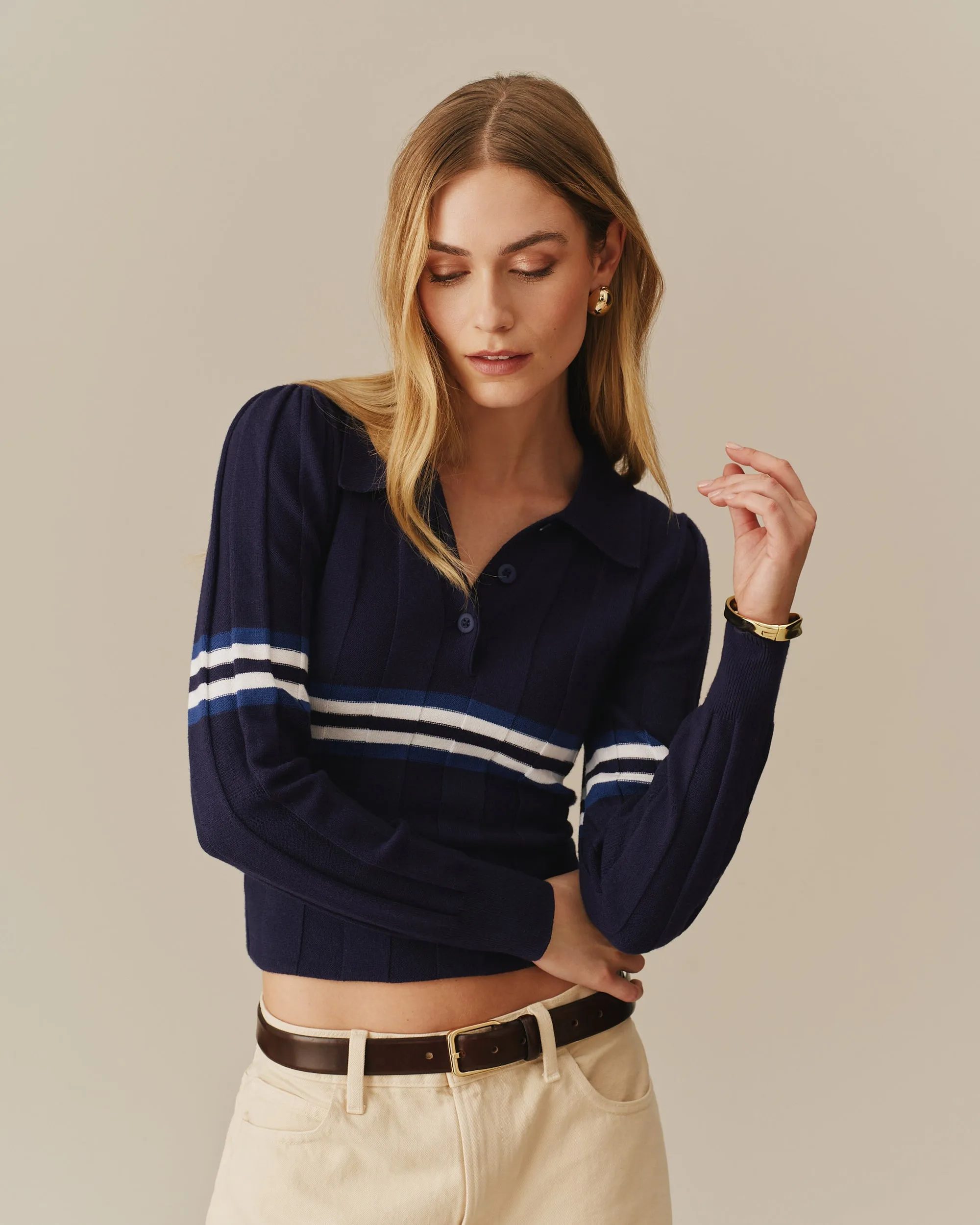 Women's Striped Sweater Polo Navy sold by Rowing Blazers product image thumbnail 2