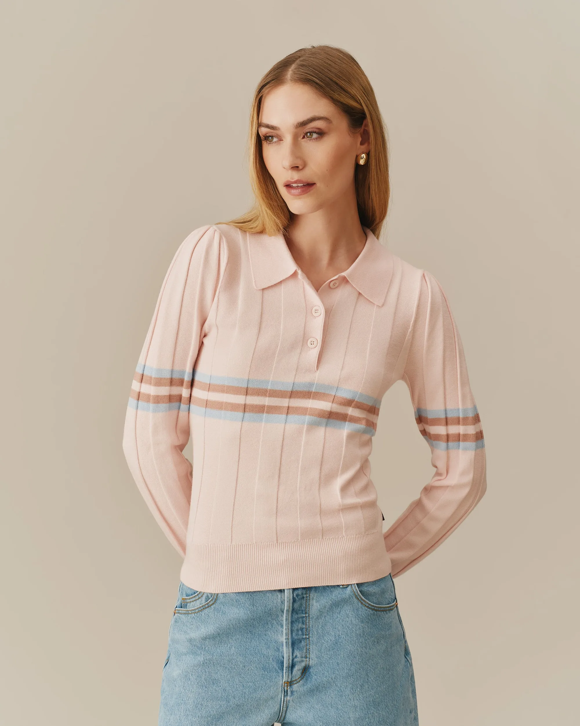 Women's Striped Sweater Polo Pink sold by Rowing Blazers