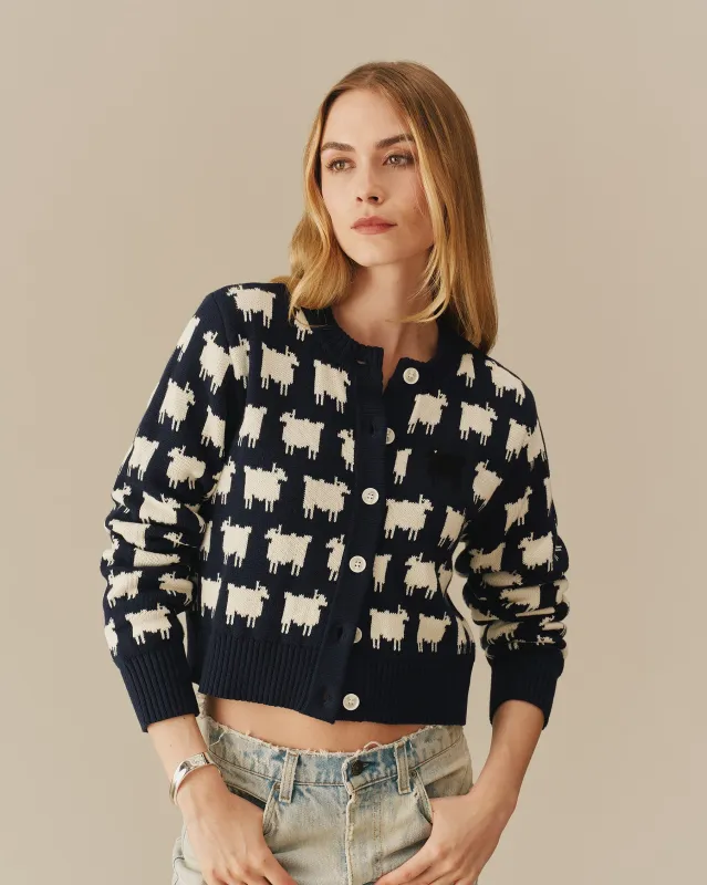 Warm & Wonderful Cotton Cropped Sheep Cardigan Navy made by Rowing Blazers