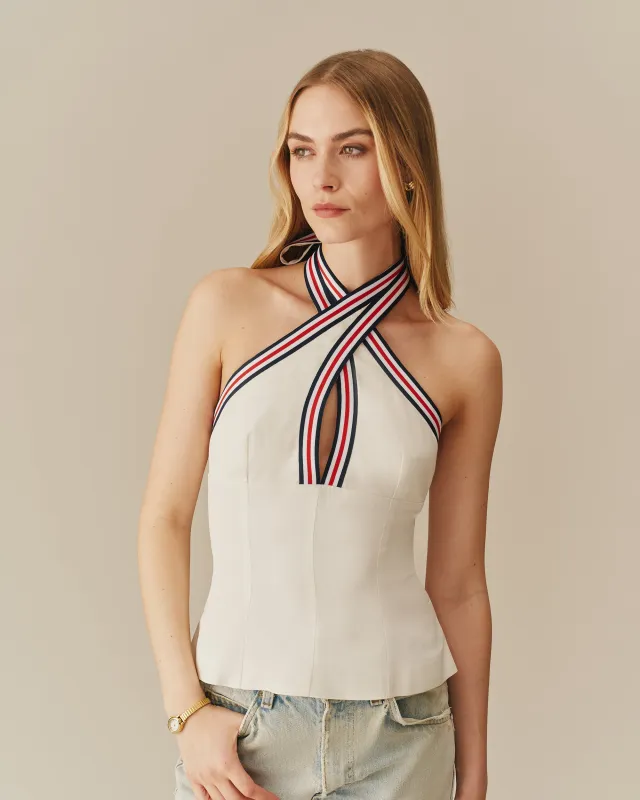 Women's Linen Tencel Crossed Halter Top With Ribbon White made by Rowing Blazers