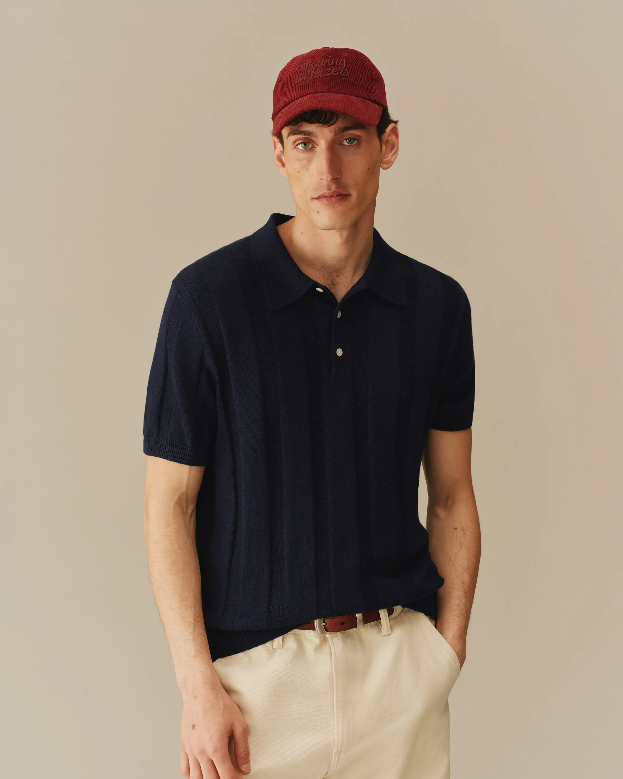 Men's Cotton Silk Sweater Polo Navy sold by Rowing Blazers