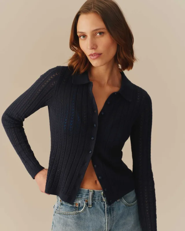 Lightweight Pointelle Cardigan Navy made by Rowing Blazers