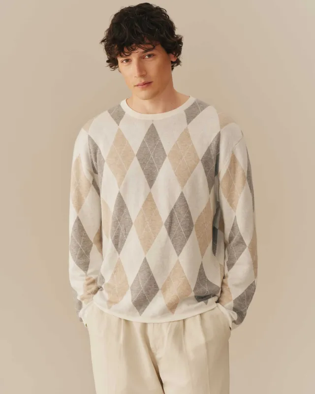 Linen Blend Lightweight Argyle Sweater Beige made by Rowing Blazers
