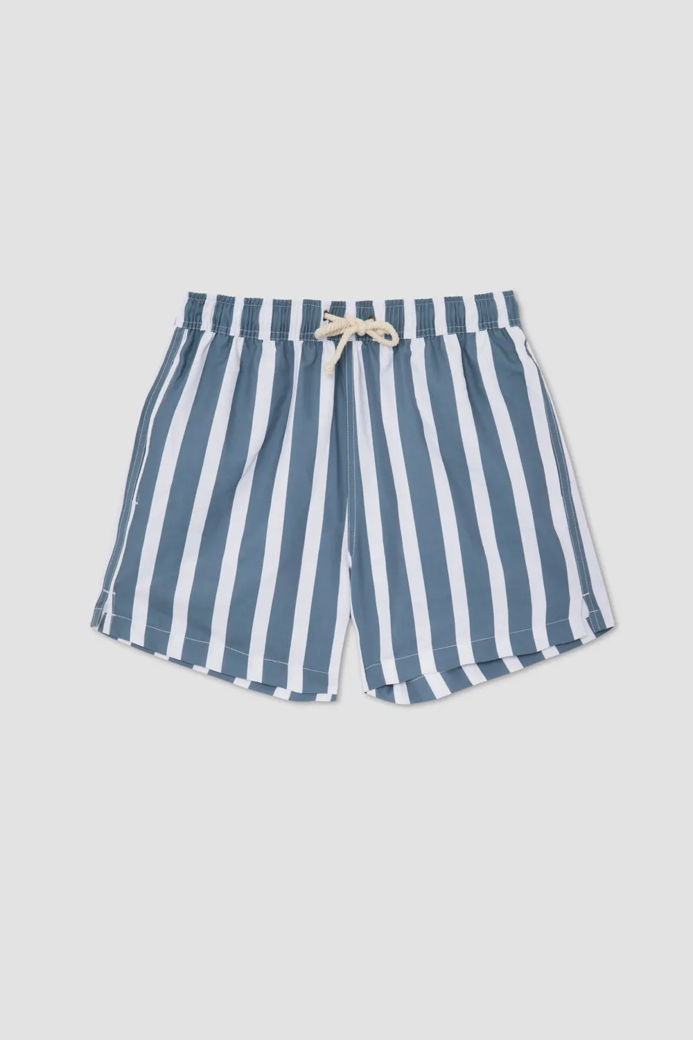 SLATE BLUE STRIPED SWIM TRUNKS sold by Pompeii