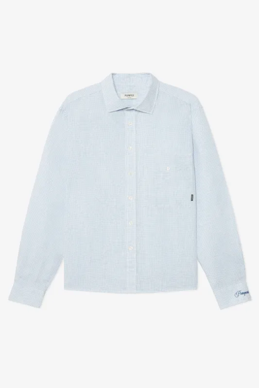 SKY BLUE MICRO CHECK LINEN BOXY SHIRT made by Pompeii