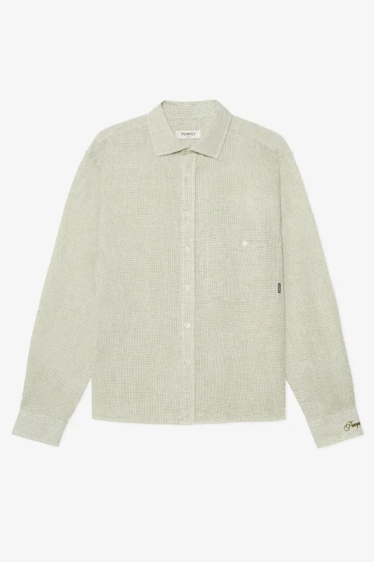 KHAKI MICRO CHECK LINEN BOXY SHIRT made by Pompeii