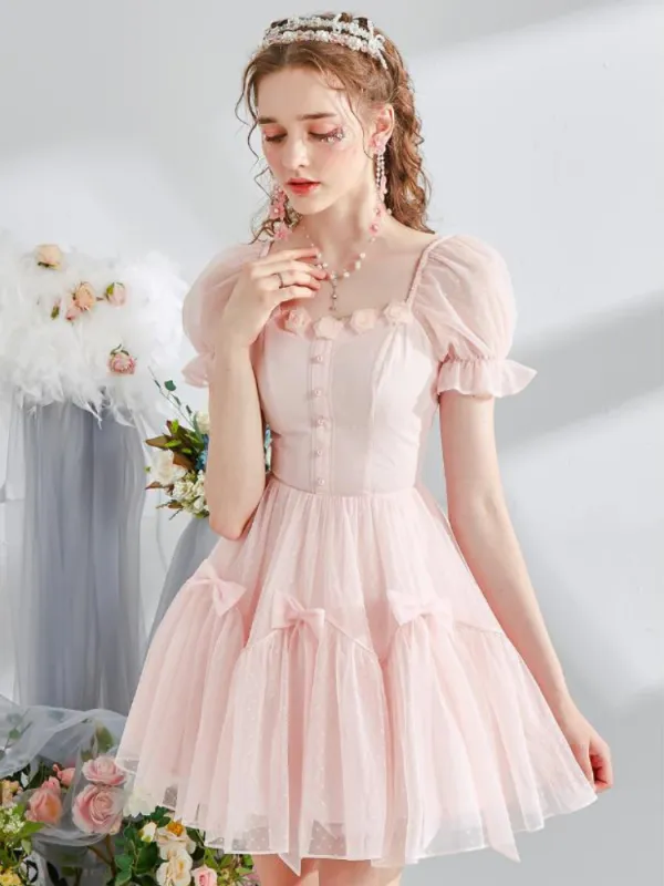 Romantic Puff Sleeve Ribbon Dress sold by Ipinkustore