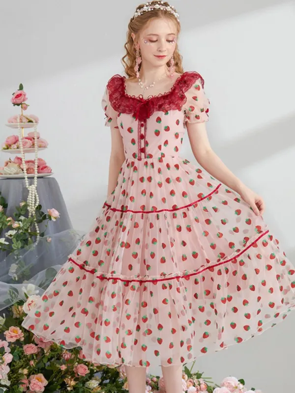 Strawberry Lace Tiered Slim  Dress sold by Ipinkustore