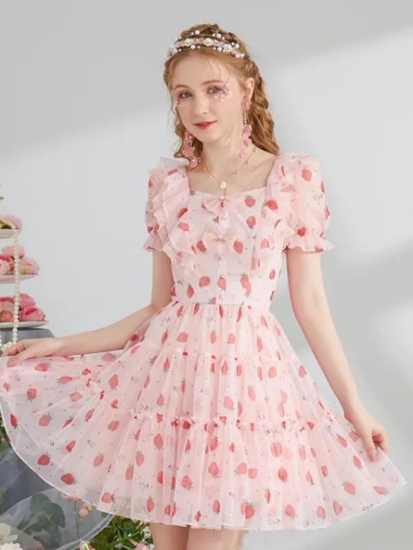 Strawberry Ruffle Puff Sleeve Dress sold by Ipinkustore