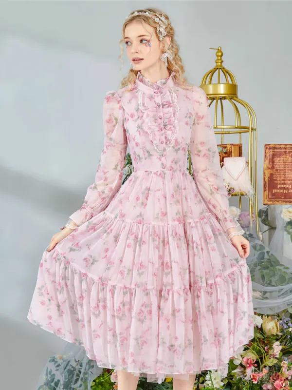 Romantic Floral Frill Long Dress sold by Ipinkustore