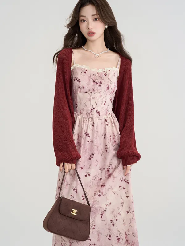 Cherry Blossom Corset Dress & Vintage Knit Cardigan Set sold by Ipinkustore