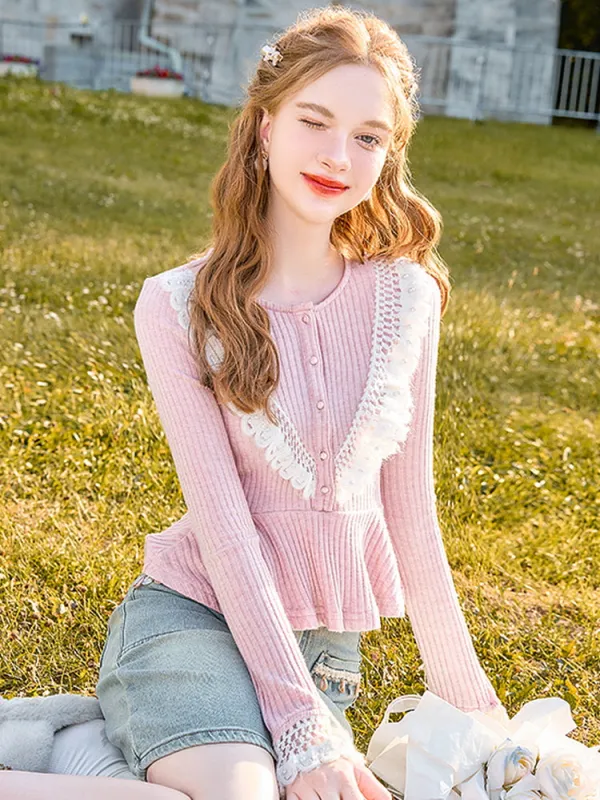Lace Trim Peplum Knit Top made by Ipinkustore