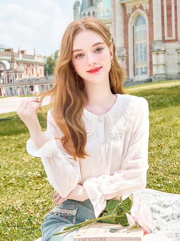 Lace Embroidered French Chiffon Blouse made by Ipinkustore