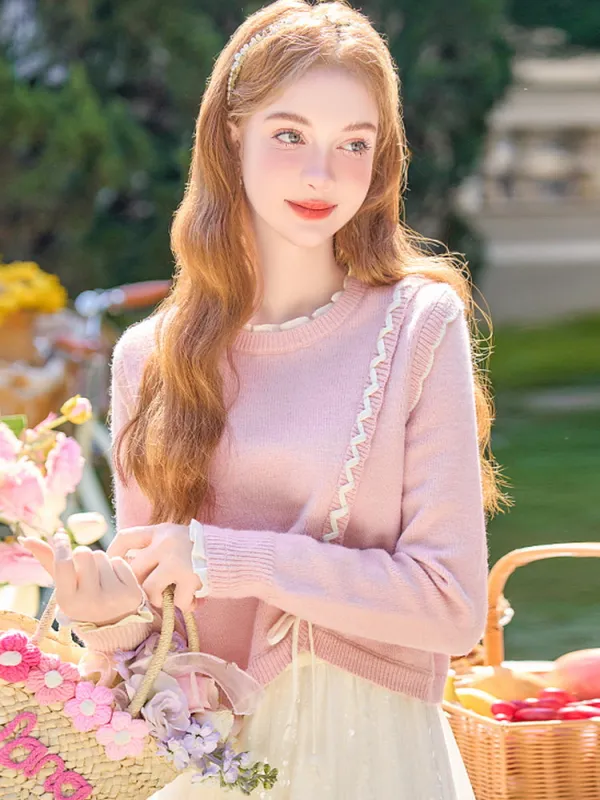 Ruffle Ribbon Detail Pink Knit sold by Ipinkustore