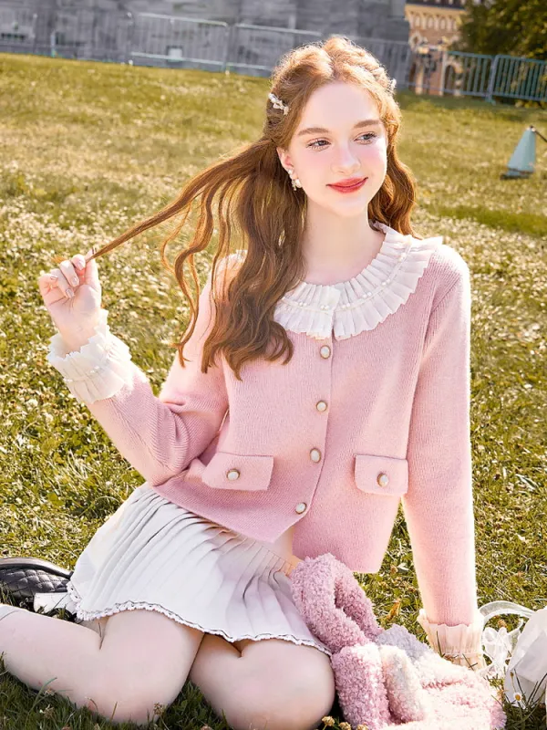 Frill & Pearl Detail Cream Pink Cardigan sold by Ipinkustore