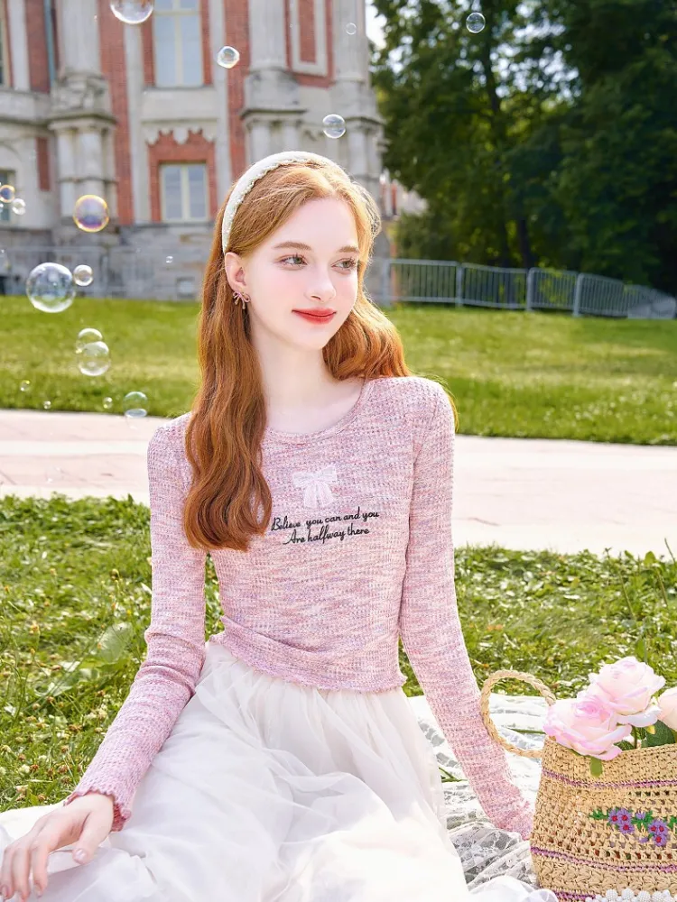 Pastel Tweed Bow Knit Top sold by Ipinkustore