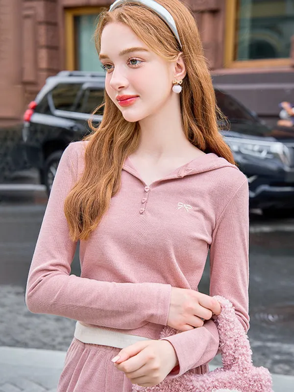 Ribbon Heart Button Hooded Knit Top made by Ipinkustore