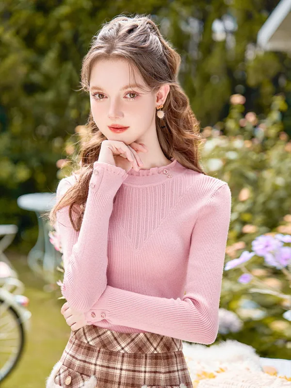 Elegant Ruffle-Trimmed Ribbed Knit Top made by Ipinkustore