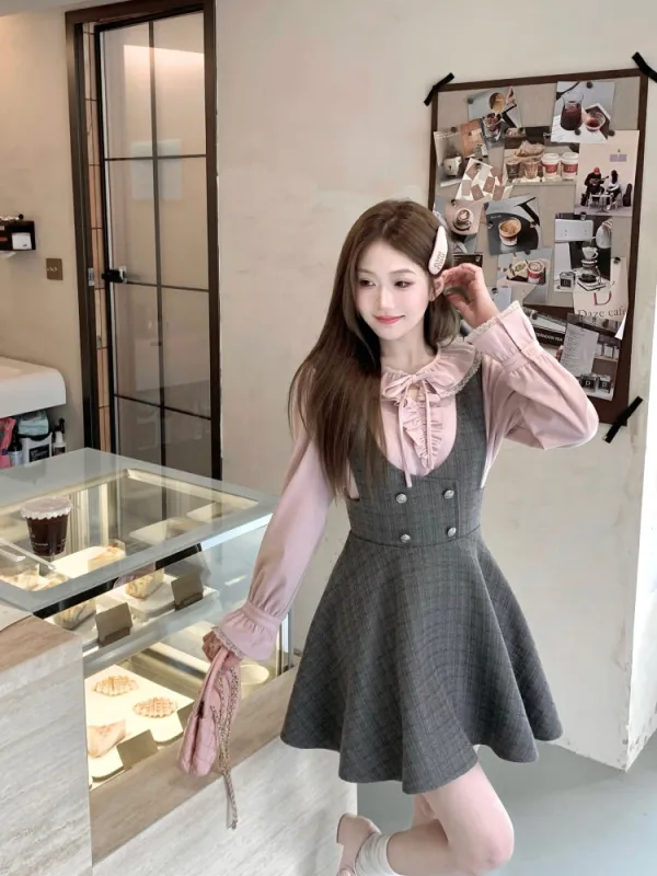 Lovely Lace Ribbon Blouse & Classic Check Bustier Dress Set made by Ipinkustore